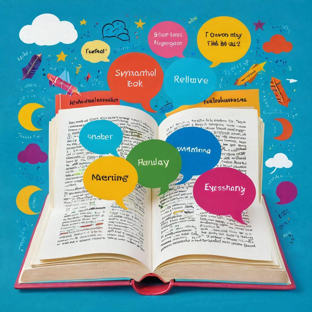 An open book with colorful pages filled with words, highlighting pairs of synonyms and antonyms in a playful manner. Surround the book with vibrant speech bubbles containing various words and their meanings, under a bright sky. Incorporate a magnifying glass and a notepad to symbolize research and exploration of language. The background should be a whimsical library filled with books and knowledge. 3D, vibrant colors, whimsical style.