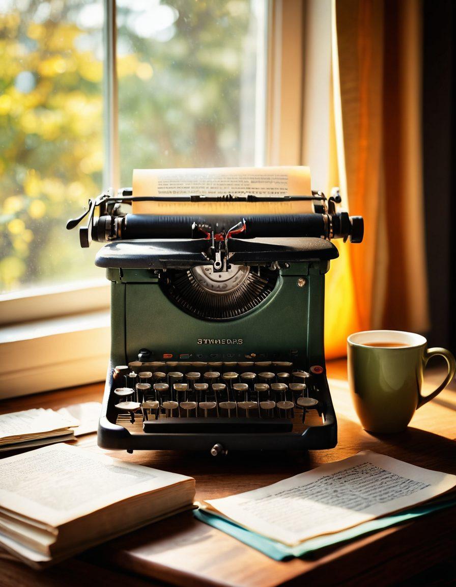A beautifully arranged thesaurus book opened to colorful pages filled with synonyms and antonyms, surrounded by a vintage typewriter, scattered notes, and a steaming cup of coffee on a wooden desk. In the background, a bright window casts warm sunlight, illuminating the scene of creativity and inspiration. super-realistic. warm tones. soft focus.